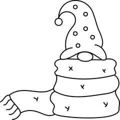 Autumn gnome in a warm big scarf. Line art. Doodle style.