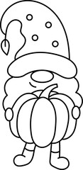 Autumn gnome with pumpkin. Line art. Doodle style.