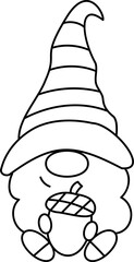 Autumn gnome with acorn. Line art. Doodle style.