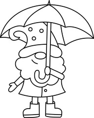 Gnome with umbrella. Autumn line art. Doodle style.