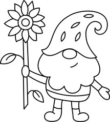 Autumn gnome with sunflower. Line art. Doodle style.