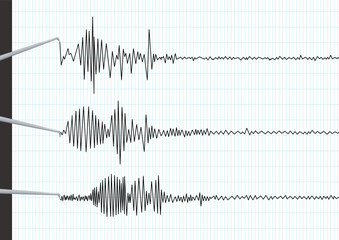 Earthquake seismic waves lines on seismograph graph paper. Vibration measurement recording data chart . Polygraph lie detector diagram test record. Vector illustration.