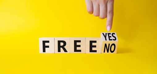 Free symbol. Businessman points at wooden cubes with words Free YES to Free No. Beautiful yellow background. Business concept. Copy space