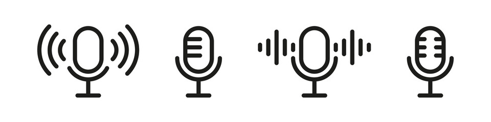 Podcast icon. Mic sign. Radio broadcast audio podcast symbol isolated vector set. Radio live studio record microphone on white background.