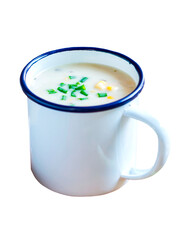 Corn Chowder soup in an enamel mug