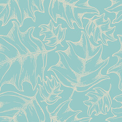 Seamless pattern with hand drawn lacy autumn leaves. Drawing with pen and ink. Beige leaves on blue background.