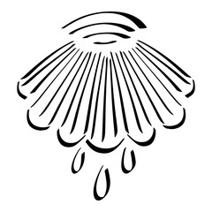 seashell and three drops of water, baptism and cleansing, black lines on a white background