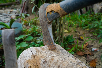 axe. old ax stuck in a log.