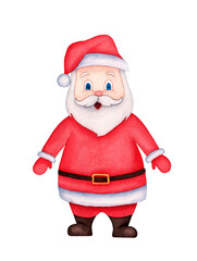 Cute cartoon Santa Claus, isolated on white background. Watercolor illustration for Christmas.