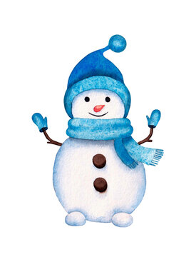 Cute cheerful snowman in hat and scarf isolated on white background. Christmas watercolor illustration can be used for christmas, new year, winter design.