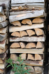 Firewood. Stacking of logs. Birch firewood from hardwoods. Preparation of firewood for the heating season. Natural fuel, firewood for burning in the stove or fireplace.
