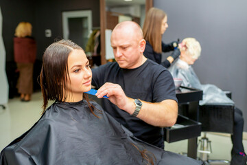 Haircut of long wet hair of young caucasian woman by a male hairdresser in a hair salon