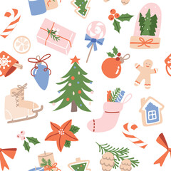 Seamless pattern with Christmas and New Year decorations, holiday gifts, ornaments and winter clothes. Flat cartoon design