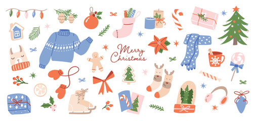 Collection of Christmas and New Year decorations, holiday gifts, ornaments and winter clothes. Flat cartoon illustrations isolated