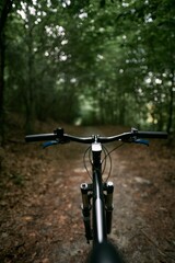 Bicycle frame, air suspension fork and handlebar with brake handle with forest background. Concept of using MTB on a path in the woods.