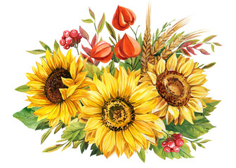 Watercolor autumn decor. Sunflowers on an isolated white background. Thanksgiving Day, bouquet of yellow flowers