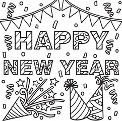 New Year Banner and Party Hat Coloring Page 