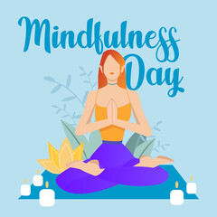 Woman doing breathing exercise. She's meditating in lotus pose. Mindfullness day, mental wellness. Vector illustration