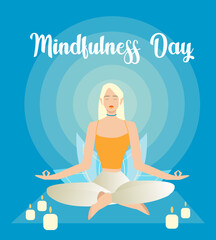 Woman doing breathing exercise. She's meditating in lotus pose. Mindfullness day, mental wellness. Vector illustration