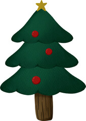 Cute hand drawn watercolor Christmas tree with yellow star on top