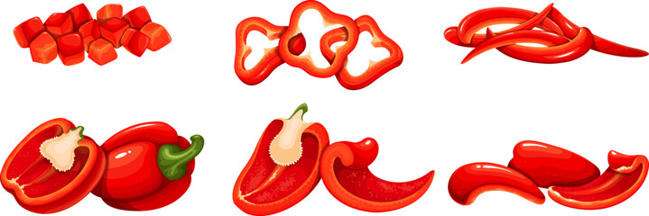 Red paprika set vector illustration. Cartoon isolated whole organic vegetable, bell pepper cut in half, slices and rings, vertical sections and chopped paprika pieces for cooking vegetarian food