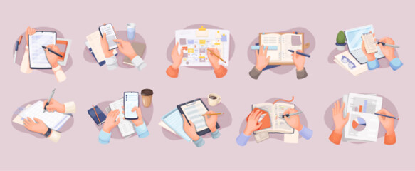Work with schedule and documents, plan to organize business tasks. Cartoon isolated hands holding pencil and pen to write in diary, working with mobile planner app in phone. Set vector illustration.