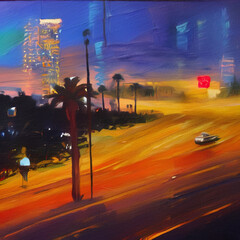 Night in Los Angeles, California. Oil painting modern impressionism art. Bright vibrant colors of neon city at night. Avenue, houses, road traffic lights. Wall art print, greeting template