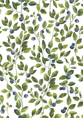 Blueberry leaves branches with berries. Watercolor seamless pattern isolated on transparent background. Great for wedding invitation, greeting cards, decoration, stationery - 528672410