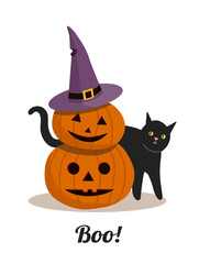 Black cat with carved pumpkins. Halloween greeting card or party invitation. Vector image isolated on white.