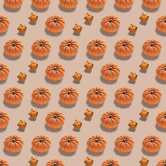 Pattern from fresh natural pumpkins. Wallpaper abstract composition of several kind of pumpkins. 