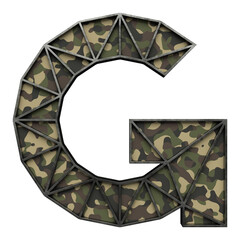 Letter G made of used metal frame with camouflage inside, isolated on transparent background, 3d rendering