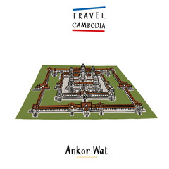 Angkor Wat Cambodia landmark Asia travel Hand drawn color Illustration 