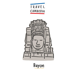 Bayon stone decorated Cambodia Travel landmark Hand drawn Color Illustration 