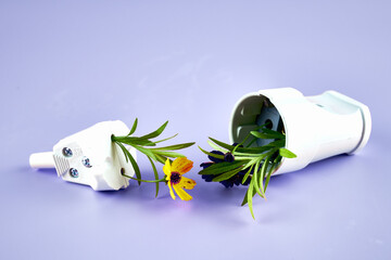 electrical outlet and plug from which flowers and grass grow concept ecology clean energy