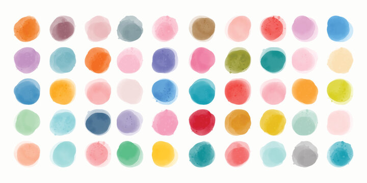 Set of colorful watercolor hand painted round shapes, stains, circles, blobs isolated on white. Elements for artistic design
