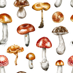Watercolor autumn seamless pattern - Fall mushrooms