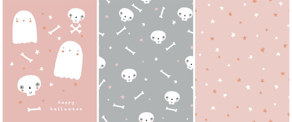 Cute Hand Drawn Halloween Card and Patterns. Little White Ghost on a Pink and Gray Background. Happy Halloween.Sweet Little Ghost, Bones, White Funny Skulls and Stars. Starry Seamless Vector Pattern. 