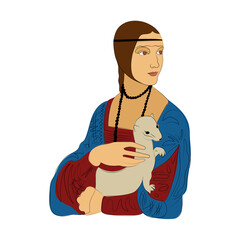 Lady with an Ermine, line art, color spots, minimalism, red, green, blue