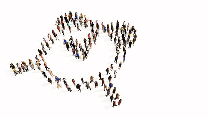 Concept conceptual large community of people forming the alarm clock icon. 3d illustration metaphor for time, countdown, notification, intenet, application and deadline