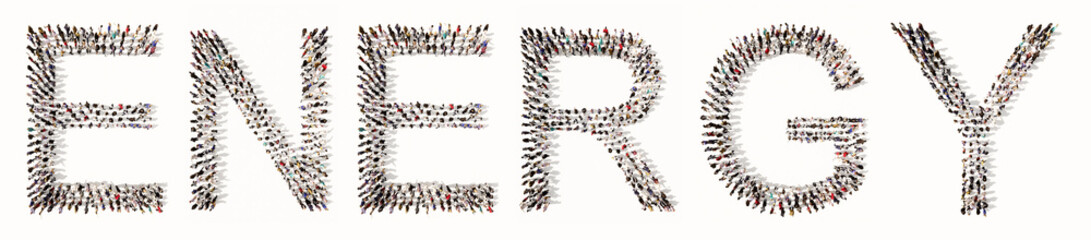Concept or conceptual large community of people forming ENERGY word. 3d illustration metaphor for fossil fuel, technology, alternative,  renewable, sustainable, green and environment