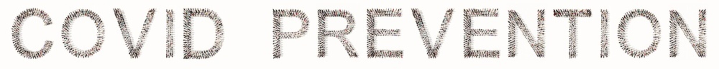 Concept or conceptual large community of people forming PREVENTION message. 3d illustration metaphor for social distancing, quarantine, lockdown, no physical contact, protection and immunization