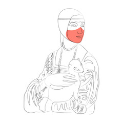 Lady with an Ermine in a mask, line art, color spots, minimalism, coronavirus, covid