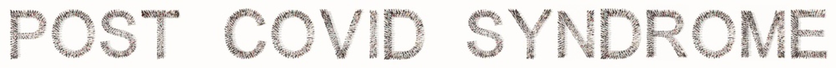 Conceptual community of people forming POST-COVID SYNDROME words. 3d illustration metaphor for fatigue, depression, cough, heart palpitations, nerve impairment as side effects of corona infection