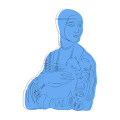 Lady with an Ermine, line art, color spots, minimalism, red, green, blue