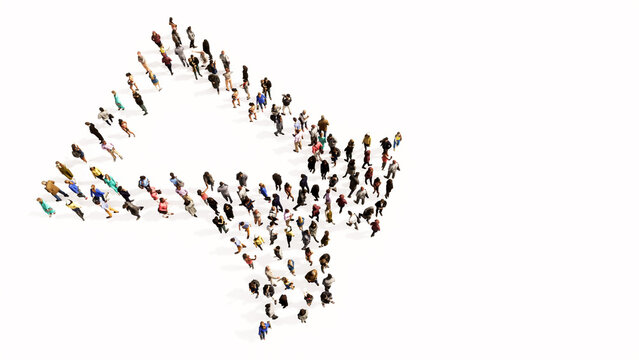 Concept conceptual large community of people forming the megaphone icon. 3d illustration metaphor for communication, audio announcement, broadcast, warning and marketing