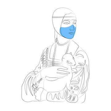 Lady with an Ermine in a mask, line art, color spots, minimalism, coronavirus, covid