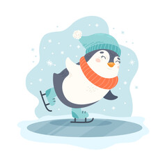Penguin skating. Winter character with hat and scarf ice skates on ice rink. Cute seasonal vector illustration in flat cartoon style