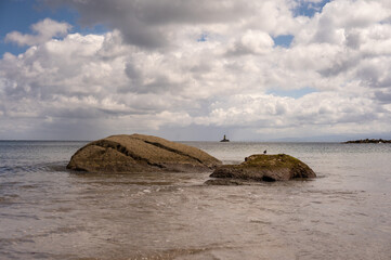 Ocean with a rock in the middle and a bird on the rock. Lighthouse in the background in the middle of the ocean - Powered by Adobe