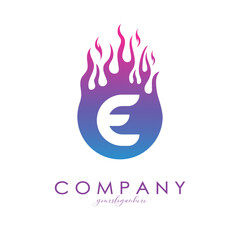 E letter logo with purple flames design in a fireball. Fire icon lettering concept vector illustration, eps10.
