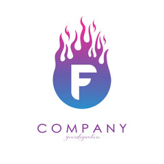 F letter logo with purple flames design in a fireball. Fire icon lettering concept vector illustration, eps10.
